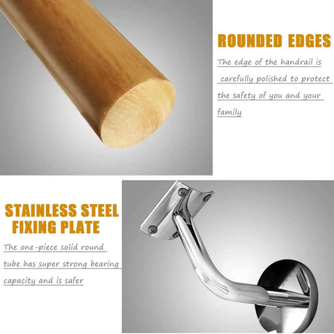 Dead Simple Install With Kickass Grip Premium Non Slip Solid Wood Wall Mount Shelf Bracket Kit Featuring Round Indoor Wooden Supports For Versatile Home Makeover 400cm, polished rounded wood handrail and stainless steel fixing plate.