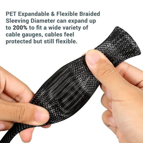 Hands holding and stretching 100 Ft PET Expandable Braided Wire Sleeving One Quarter Inch Black Cable Loom for protection