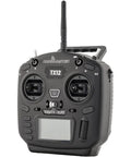 Front view of TX12 MkII ELRS 16CH OpenTX EDGETX Multi-Module Radio Transmitter for RC Drones, black with display and controls.