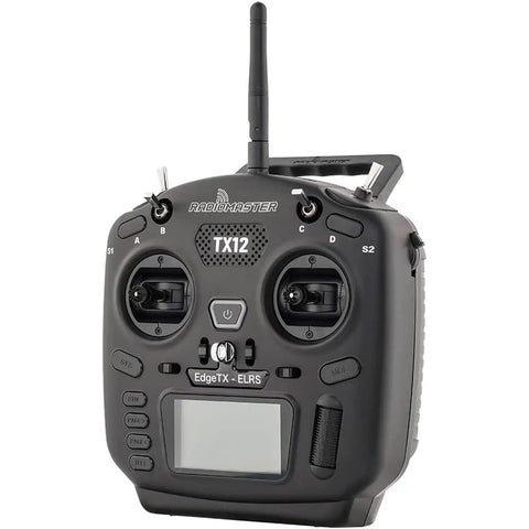 Front view of TX12 MkII ELRS 16CH OpenTX EDGETX Multi-Module Radio Transmitter for RC Drones, black with display and controls.