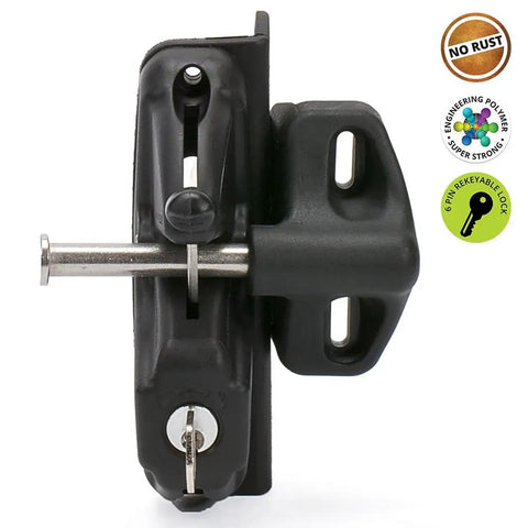 Deluxe Gate Latch 5-7/8 Inch Heavy Duty Stainless Steel Hardware Black Finish, side view, showcasing adjustable legs and rustproof design