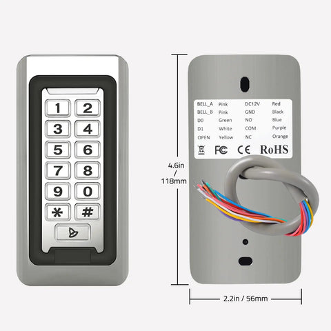 Front and back view of Wireless Keypad Access Control System With Weatherproof Metal Build Stand Alone Door Entry EM Card Reader.