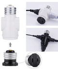 UL Listed E26 To Two Prong Polarized Outlet Splitter And Bulb Socket Adapter showing front view, detail, and cable connections.