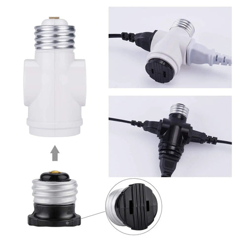 UL Listed E26 To Two Prong Polarized Outlet Splitter And Bulb Socket Adapter showing front view, detail, and cable connections.