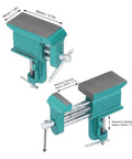 Heavy Duty Iron Bench Vise With Wide Jaw Clamps For Rock Solid Woodworking And Metalworking Holddown Tool showing dimensions and clamp features.