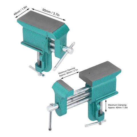 Heavy Duty Iron Bench Vise With Wide Jaw Clamps For Rock Solid Woodworking And Metalworking Holddown Tool showing dimensions and clamp features.