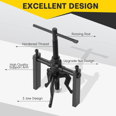 Acymner 3-Jaw inner bearing puller set, front view; black metal puller with T-handle and three jaws.