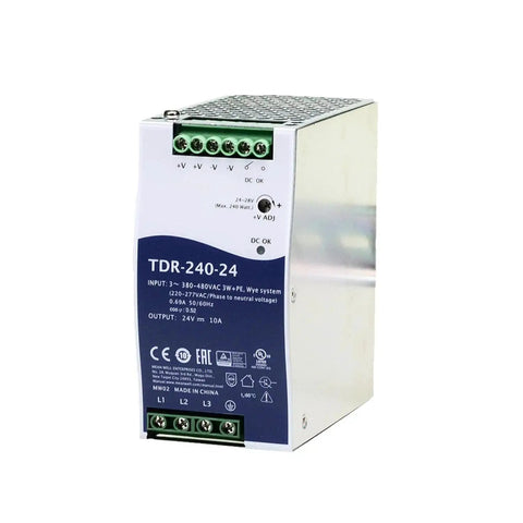 Bulletproof 240W Din Rail Power Supply 24V 10A with compact design, clear labeling, suitable for industrial control panels.