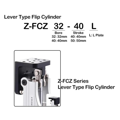 High Quality Pneumatic Manipulator Posture Block Lever Flip Cylinder Replacement Accessory For Z-FCZ20 20ZB Z-FCZ32 40L And Z-FCZ40 45L Models close-up view showing bore, stroke, and L plate design.