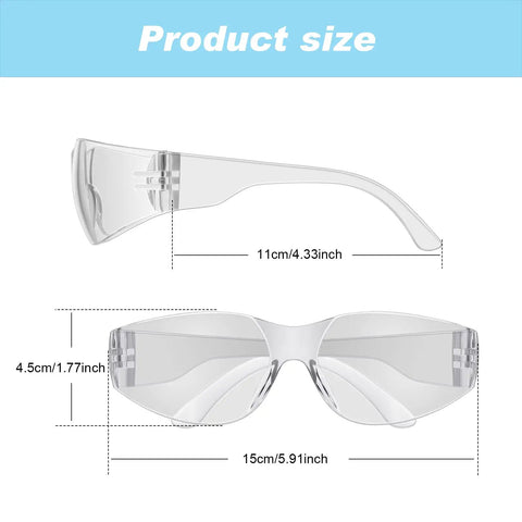 Bulk 100 Pack Safety Glasses Eye Protection Eyewear Clear Lenses dimensions with side and front view labeled for work and lab use