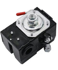 Heavy Duty Air Compressor Pressure Switch With Unloader No Fuss Start, 95 To 125 PSI, Single Port, One Quarter Inch NPT Tank Connection, shown in detail.