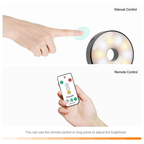 6 Pack USB Rechargeable Puck Lights With Remote For Under Cabinet Kitchen and Bedroom, manual and remote control features shown