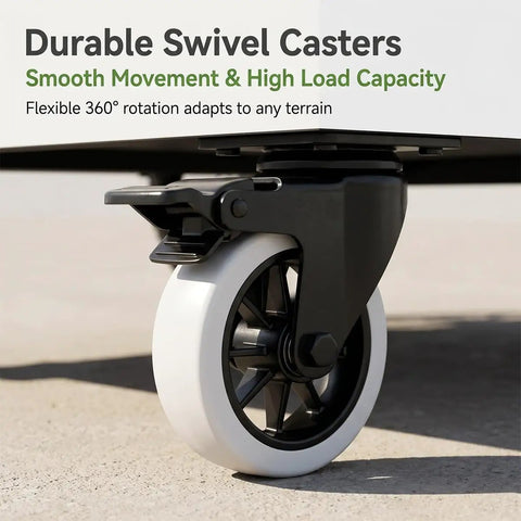 Close-up of durable swivel casters on Kickass Heavy Duty Mobile Vendor Cart With Wide Shelter Canopy and Lockable Swivel Wheels.