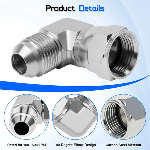 Beefy One Half Inch JIC 37 Degree Male To One Half Inch JIC 37 Degree Female Swivel Hydraulic Adapter Fitting For High Pressure SAE J514 Systems Durable Leak Free Connection For Power Packs Machinery And Industrial Hydraulics, carbon steel 90-degree elbow