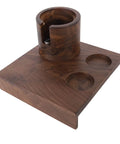 Heavy Duty Wooden Knock Box And Espresso Tamper Station with polished walnut base and tool slots for espresso preparation.