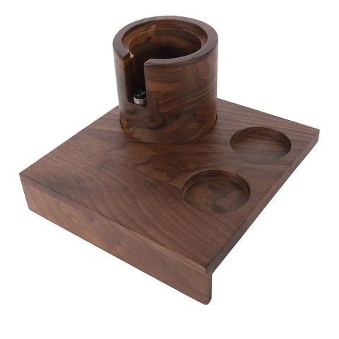 Heavy Duty Wooden Knock Box And Espresso Tamper Station with polished walnut base and tool slots for espresso preparation.