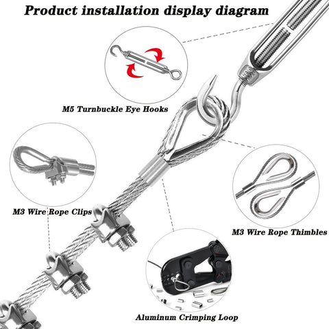 1/8 Inch Stainless Steel Wire Rope Cable Kit 100 Ft Long 7x7 Strands With Sleeves Thimbles And Clips installation diagram