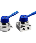 Super Cool 1/4 Inch Pneumatic Hand Valve Thread K34R6 Series Manual Control With Three Position Four Way Setup For Your Fluid System Needs That Just Works Great! blue manual control valves with silver metal body