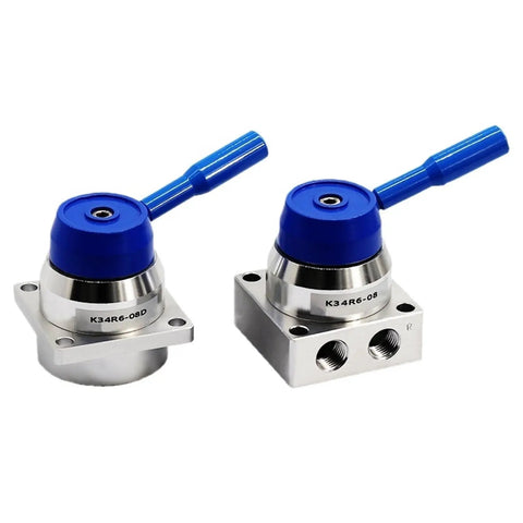 Super Cool 1/4 Inch Pneumatic Hand Valve Thread K34R6 Series Manual Control With Three Position Four Way Setup For Your Fluid System Needs That Just Works Great! blue manual control valves with silver metal body