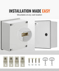 Heavy Duty Fiberglass Electrical Enclosure Box 12X10X6 Inch IP65 Waterproof And Dustproof Outdoor Junction Cabinet With Rubber Gasket And Mounting Bracket showing installation hardware and back view.