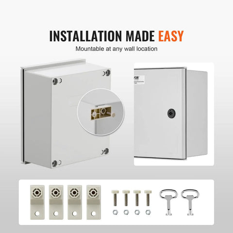 Heavy Duty Fiberglass Electrical Enclosure Box 12X10X6 Inch IP65 Waterproof And Dustproof Outdoor Junction Cabinet With Rubber Gasket And Mounting Bracket showing installation hardware and back view.