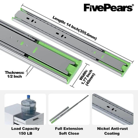 Heavy Duty 14 Inch Soft Close Drawer Slides With Full Extension Ball Bearing Side Mount, 150 Lb Load Capacity, Built To Last