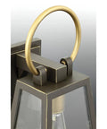Close-up of handle detail on Barnett Outdoor One Light Wall Lantern In Antique Bronze Finish with clear glass panes.
