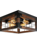 Rustic Wood Four Light Flush Mount Ceiling Fixture With Open Geometric Cage for cozy rustic vibe and warm ambient lighting.