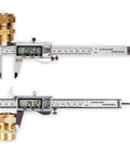 Stainless Steel Digital Caliper with Large LCD Screen measuring brass fitting, precise 0 to 150mm, 6 inch micrometer, 0.01mm resolution.