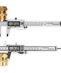 IP54 Waterproof Digital Caliper With Stainless Steel Build, Huge LCD Display, Vernier Caliper measuring a brass fitting