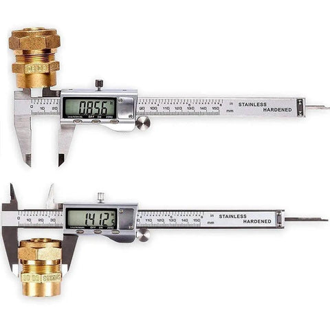 IP54 Waterproof Digital Caliper With Stainless Steel Build, Huge LCD Display, Vernier Caliper measuring a brass fitting