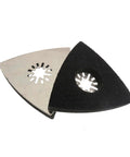 80mm Triangular Sanding Pads 4 Pack Hook Loop Stainless Steel Multitool Discs with dust venting holes and peel switch backing.