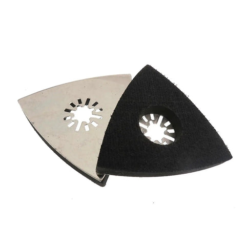 80mm Triangular Sanding Pads 4 Pack Hook Loop Stainless Steel Multitool Discs with dust venting holes and peel switch backing.