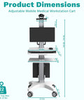Game Changer Height Adjustable Medical Computer Cart With Sturdy Monitor Mount And Smooth Ride Wheels dimensions illustration.