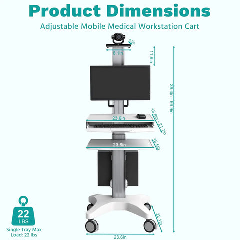 Game Changer Height Adjustable Medical Computer Cart With Sturdy Monitor Mount And Smooth Ride Wheels dimensions illustration.