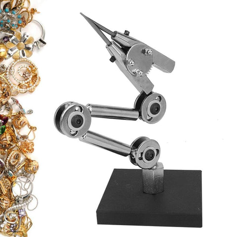 Solder Helping Hands Clamp For Jewelry And Metalwork, Third Hand Solder Iron Stand with Clip on stable steel base next to jewelry pieces.