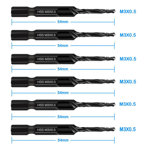 Six Pack M3 Drill Tap Combo Bits With 1/4 Inch Hex Shank And Smooth Operator Threading Set, 54mm long, steel construction, for quick repairs.