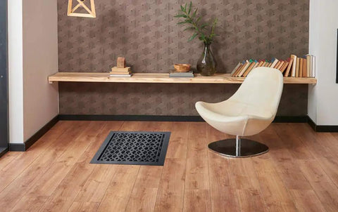 Durable Cast Aluminum Floor Register 9x12 For Duct Openings Indoor Use Handcrafted Aluminum Vent For Floors Walls And Ceilings Fits Most Standard Openings VR-100 Built To Last in modern living room.