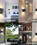12W LED Wall Sconces Set of 2 Black Up and Down Square Wall Lamps 3000K Warm White Indoor Outdoor Lighting in various settings