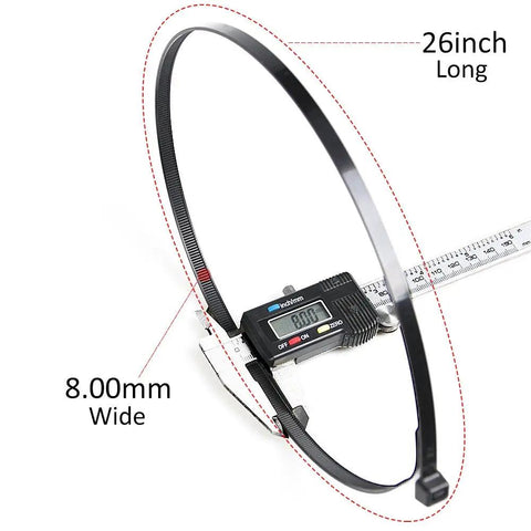 Heavy Duty 26 Inch Cable Zip Ties With Ultra Strong Nylon, 180 Pound Tensile Strength, 50 Pack, UV Resistant Indoor Outdoor Tie Wraps showing dimensions