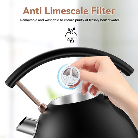 Retro Electric Kettle 1.8L Matte Black And Rose Gold Stainless Steel Body with anti-limescale filter being installed