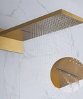 Slick Brushed Gold Wall Mount Shower System With Smooth Thermostatic Valve And Heavy Duty Square Rainfall Head.