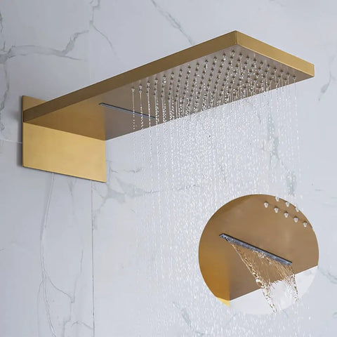 Built Different Wall Mounted Concealed Thermostatic Shower System With Buttery Smooth Brushed Gold Rainfall Spray, stainless steel rainfall head with water flow.
