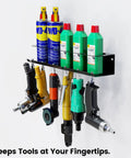 Heavy Duty Wall Mounted Pneumatic Tool Rack And Spray Can Organizer Combo featuring six air tool slots and five aerosol bays.
