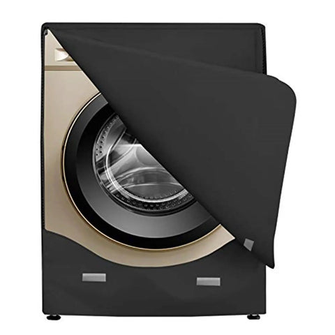 Black cover on a front-loading washer, showing the Front Loading Washer And Dryer Cover, Heavy Duty Oxford Fabric Waterproof Dustproof Shield.