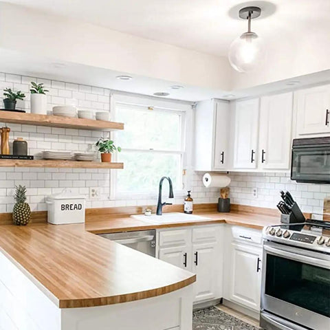 Modern kitchen with Thicker Peel And Stick Subway Tile Backsplash For Kitchen And Bathroom White, 2mm To 2.5mm Thick visible.