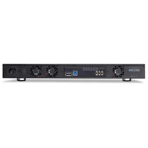 Back view of Top Tier 4 Bay 1U Rackmount Raid Storage System With Usb 3.0 And Esata Port for server rigs, showcasing ports and cooling fans.