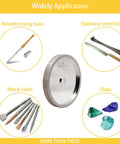 Image showing 180 Grit CBN Grinding Wheel for 8 Inch Bench Grinders with tools and materials for application.