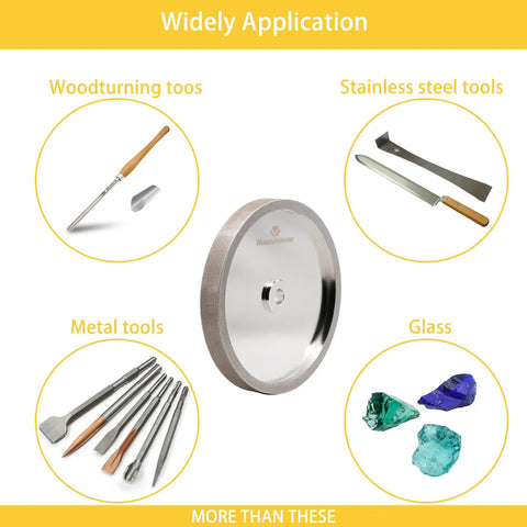 Image showing 180 Grit CBN Grinding Wheel for 8 Inch Bench Grinders with tools and materials for application.