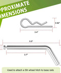 Dimensions of Replacement Heavy Duty 1/2-Inch 5th Wheel Pins And Clips for Base Rails and Gooseneck Hitches, Galvanized Finish.